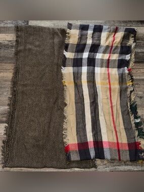 Two large body Plaid Fringe Scarf in Beige Black & Red 100% acrylic warm soft